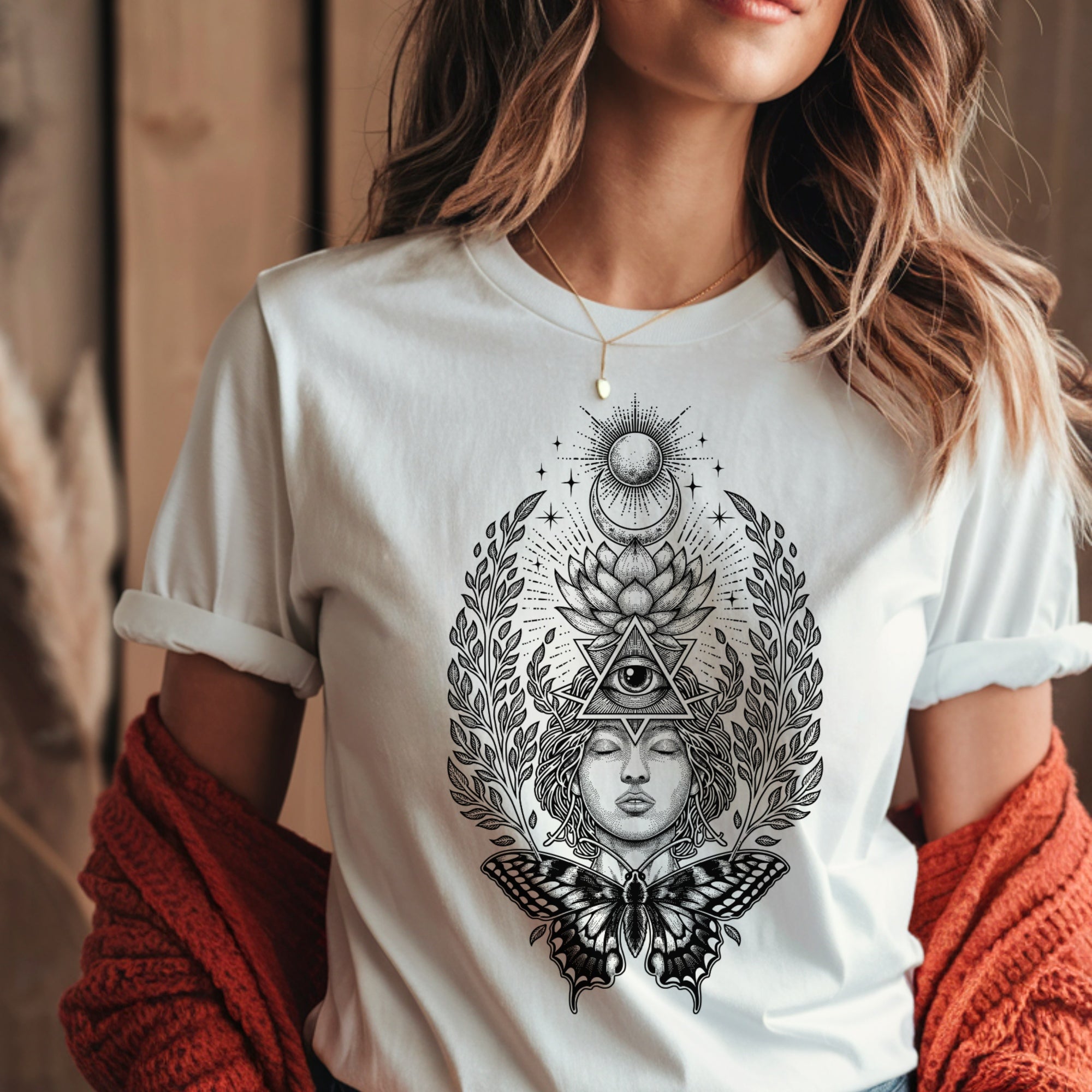 woman wearing a celestial shirt