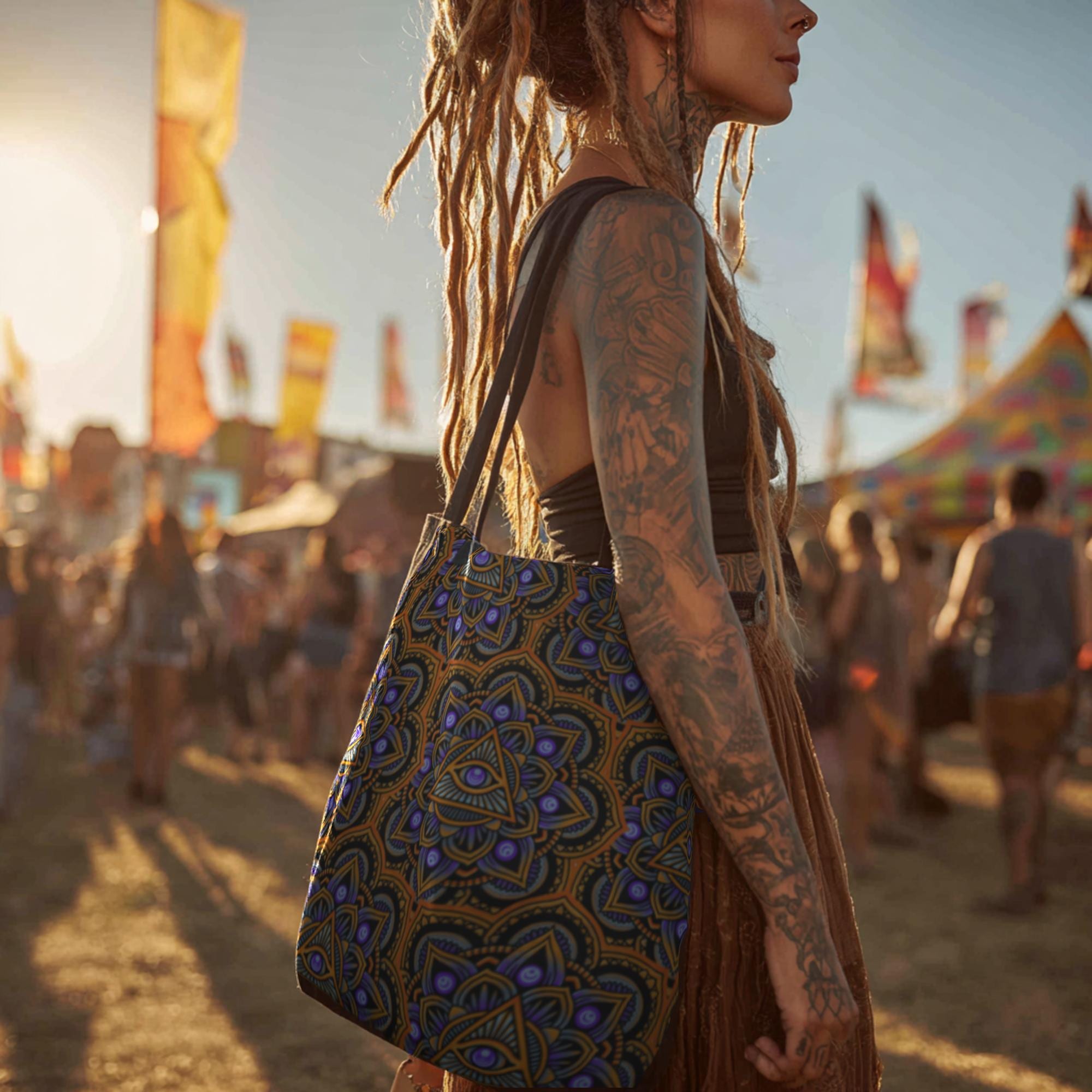woman wearing trippy tote bag