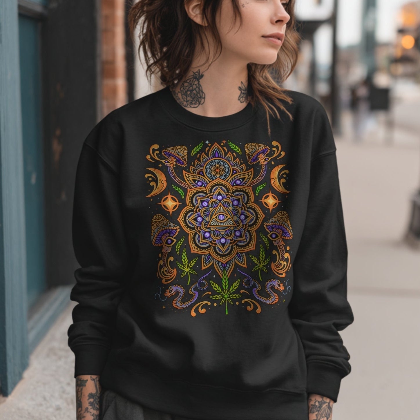woman wearing a psychedelic sweater