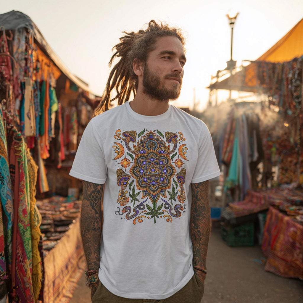 Organic Cotton Psychedelic Mushroom T-Shirt | Sacred Geometry Mandala (Unisex)