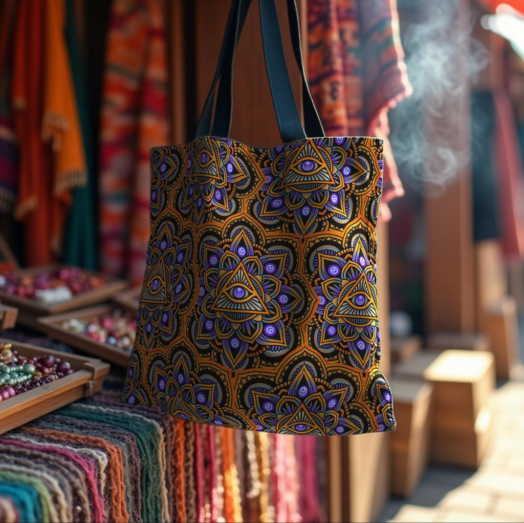 Psychedelic Mandala Tote Bag – Trippy Boho Festival Shopper, Sacred Geometry Print