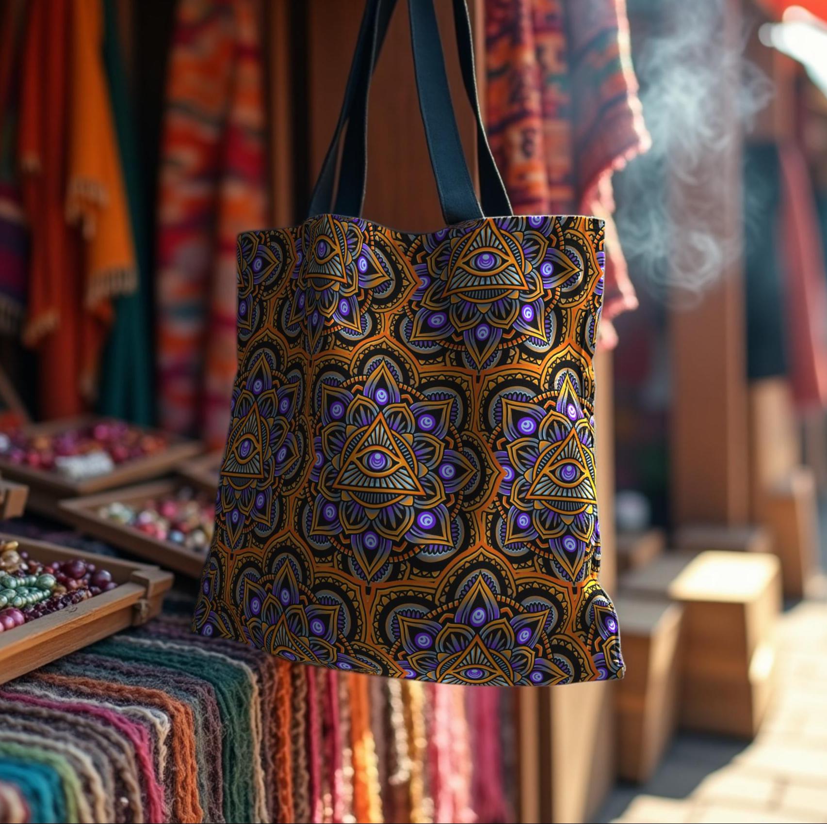 Psychedelic Mandala Tote Bag – Trippy Boho Festival Shopper, Sacred Geometry Print