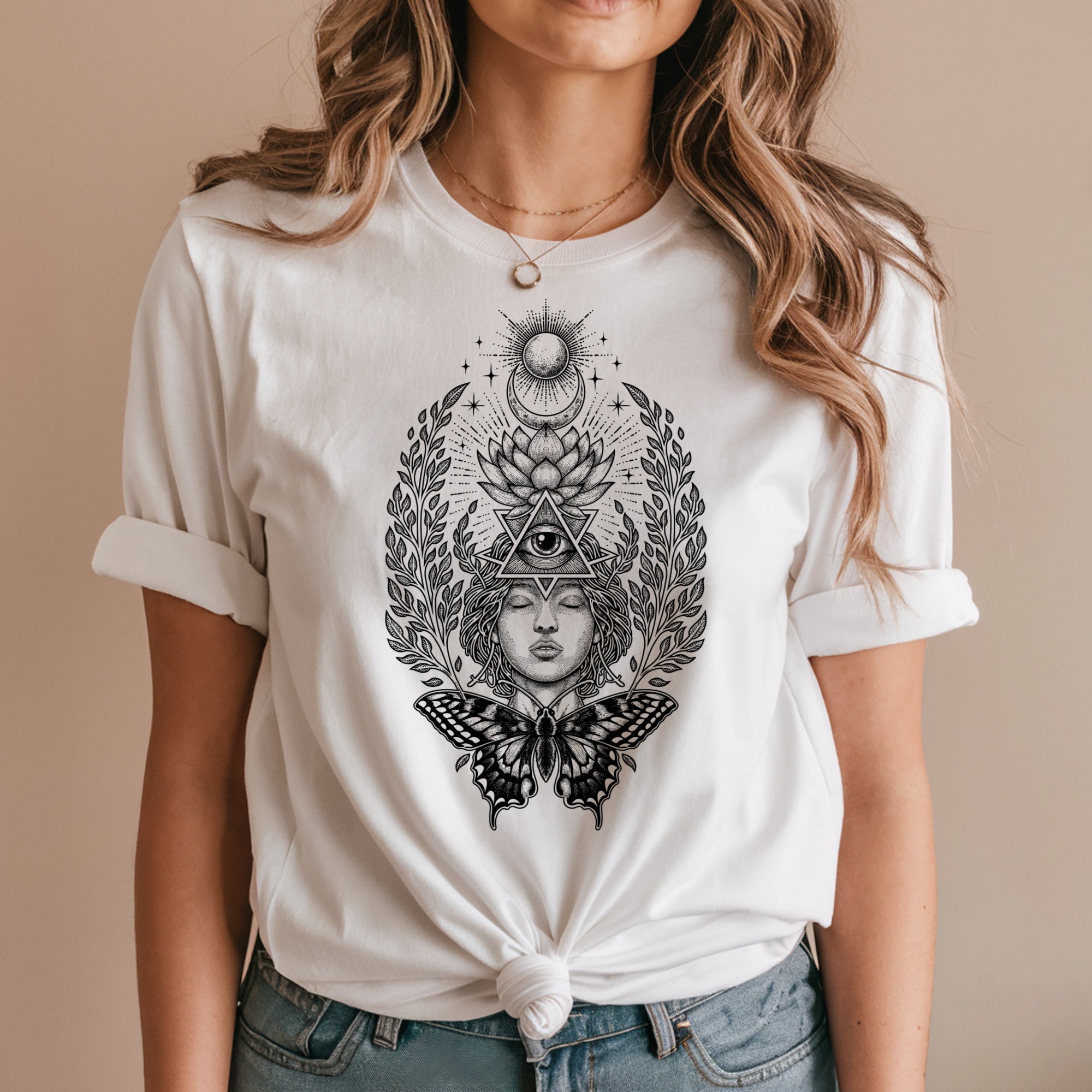 woman wearing celestial shirt