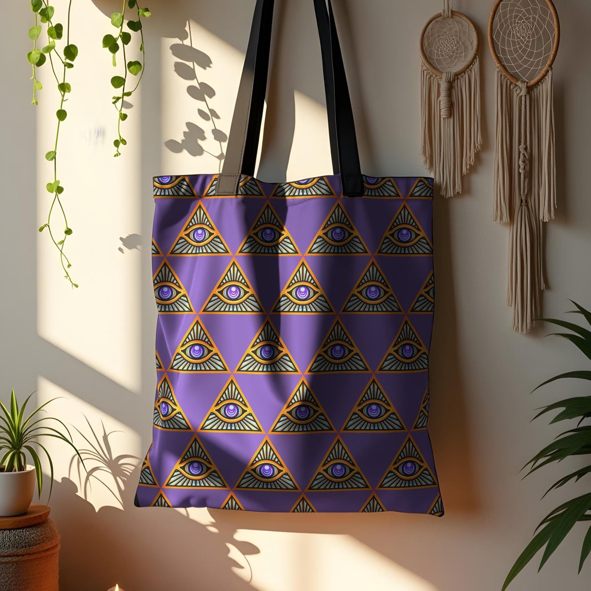 Tote bag with pyramid and eye pattern on a wall with plants and dream catchers.