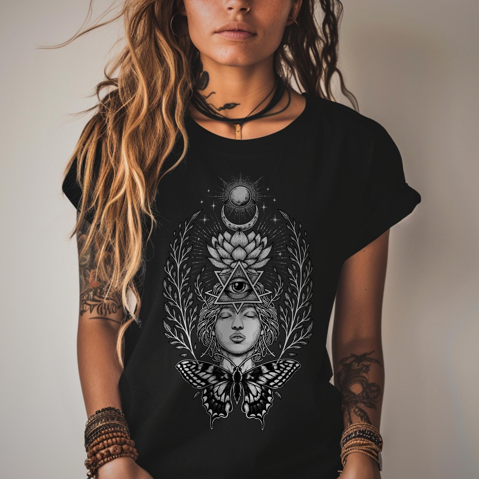Sacred Geometry Goddess T-Shirt With a Mystical All Seeing Eye, Lotus Flower & a Butterfly