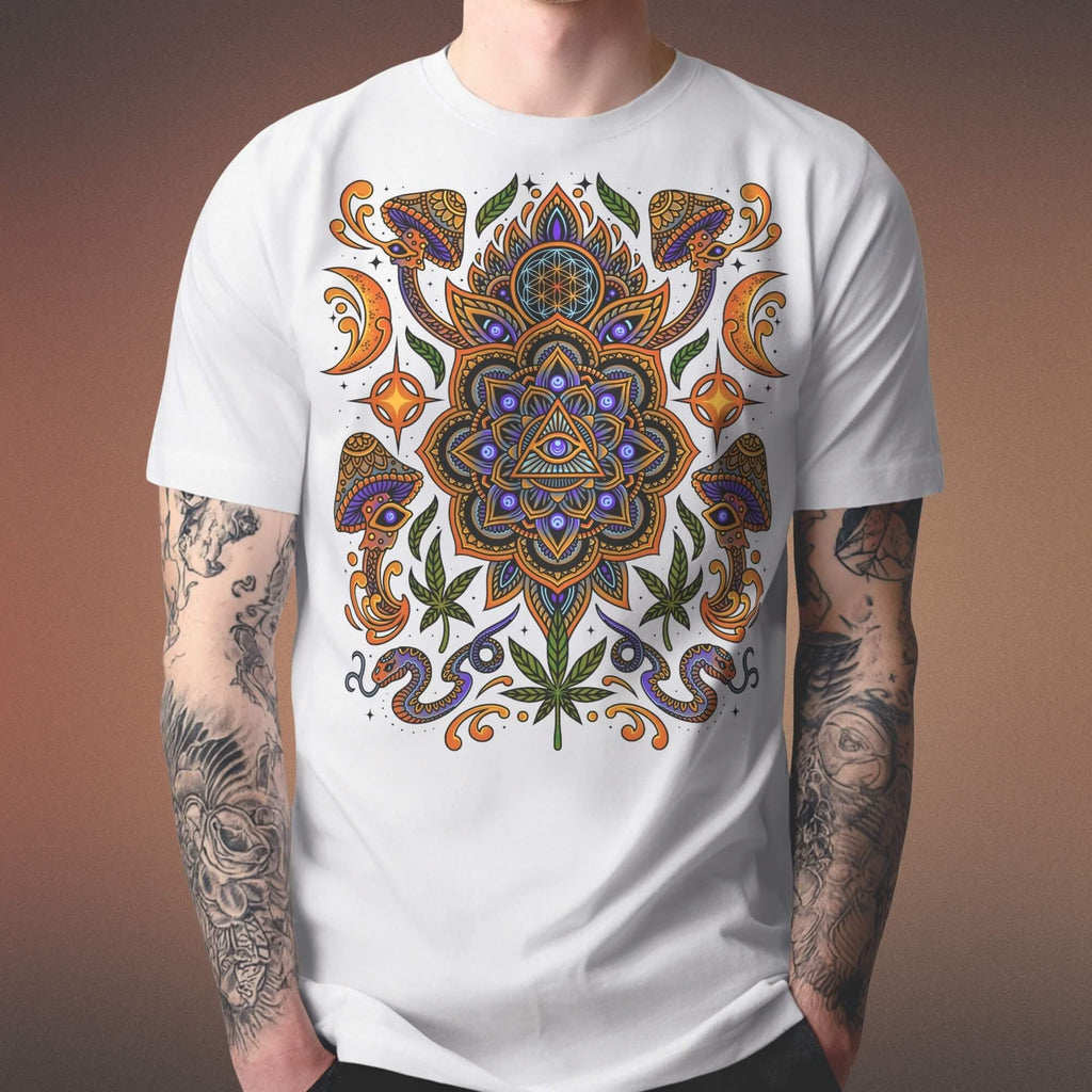 White Psychedelic T-Shirt With Stunning Sacred Geometry Art, Unisex Festival Clothing or Streetwear