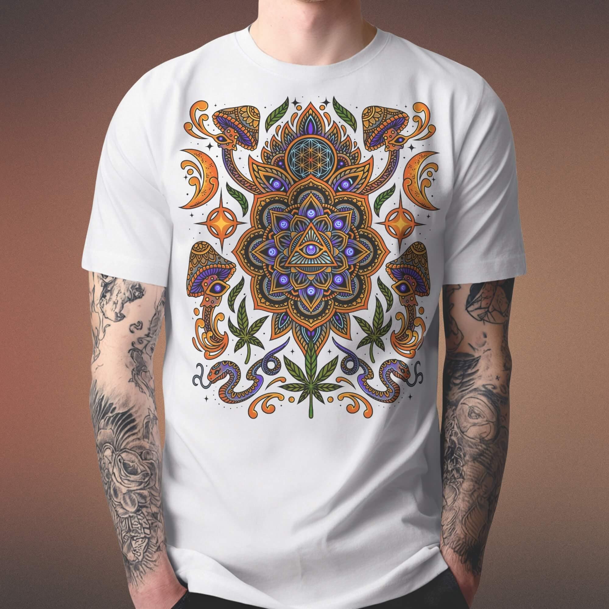 White Psychedelic T-Shirt With Stunning Sacred Geometry Art, Unisex Festival Clothing or Streetwear