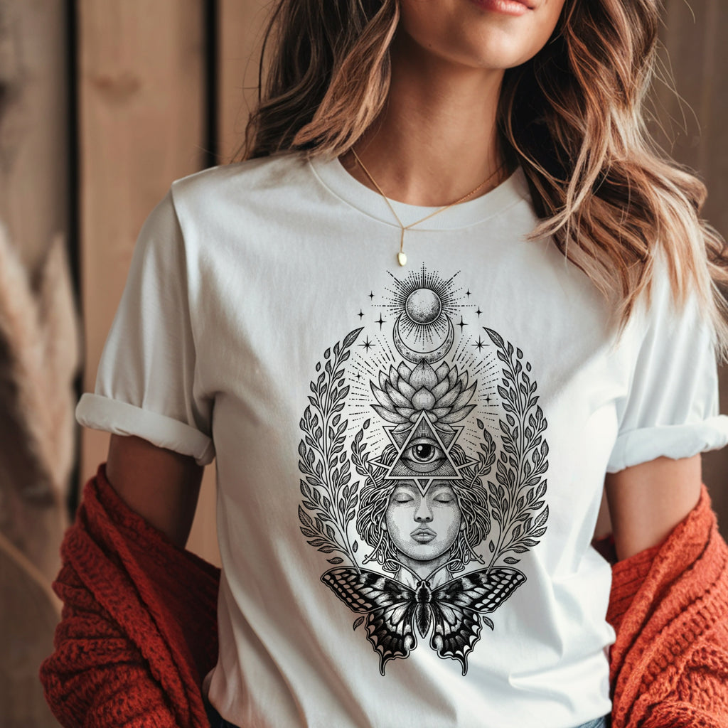 Spiritual T-Shirt with All-Seeing Eye, Lotus & Butterfly – Also Great As a Boho Gift For Him Or Her