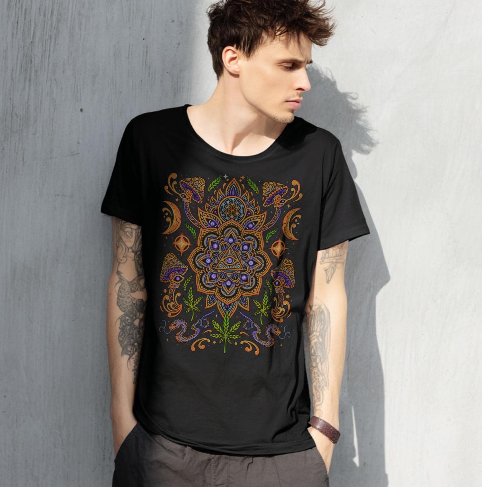 Organic Cotton Psychedelic T-Shirt – Black Festival Top with Mushrooms, Mandala & Sacred Geometry