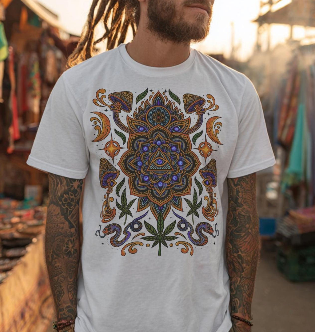 White Psychedelic T-Shirt With Stunning Sacred Geometry Art, Unisex Festival Clothing or Streetwear