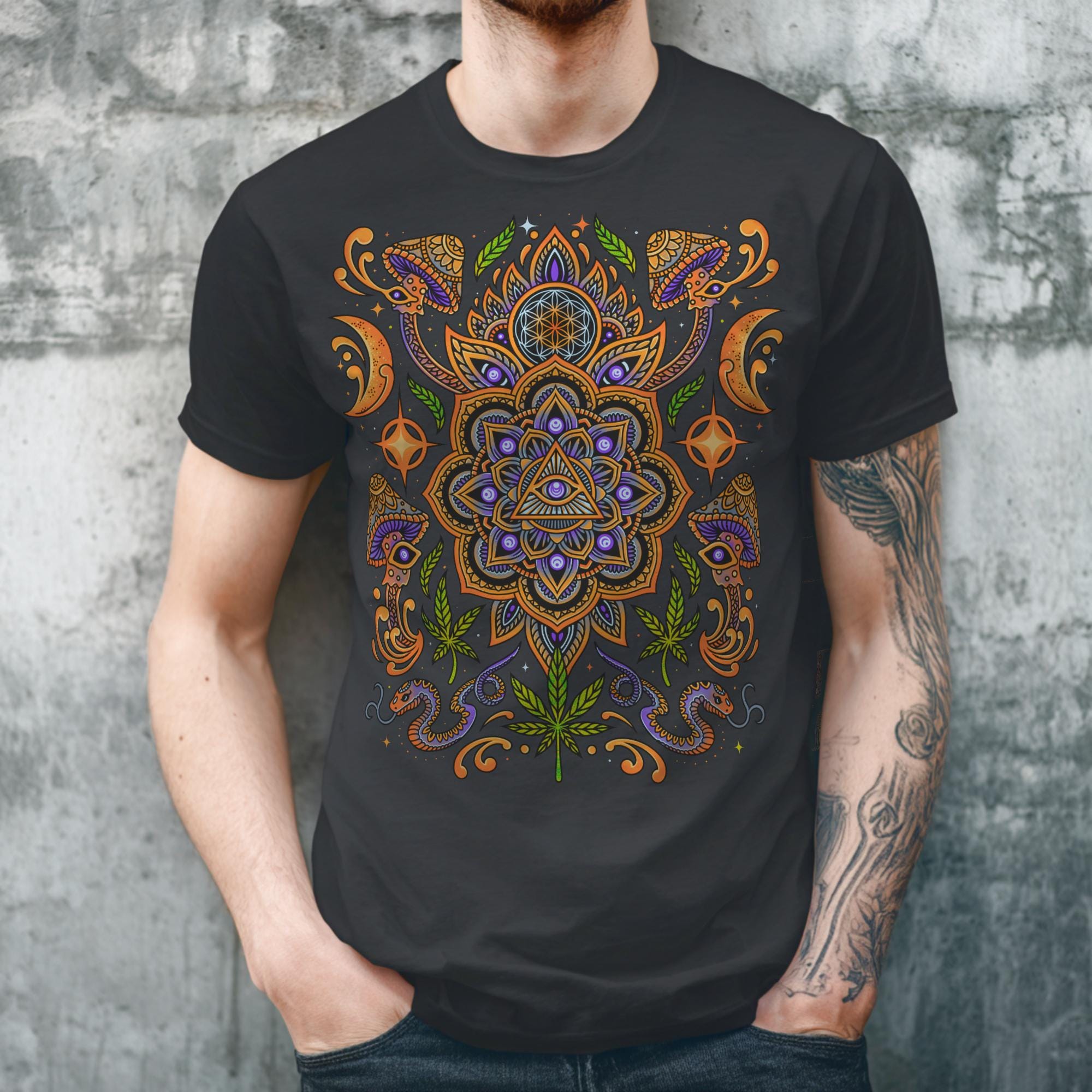 Psychedelic Mushroom Mandala T-Shirt With Trippy Visionary Art