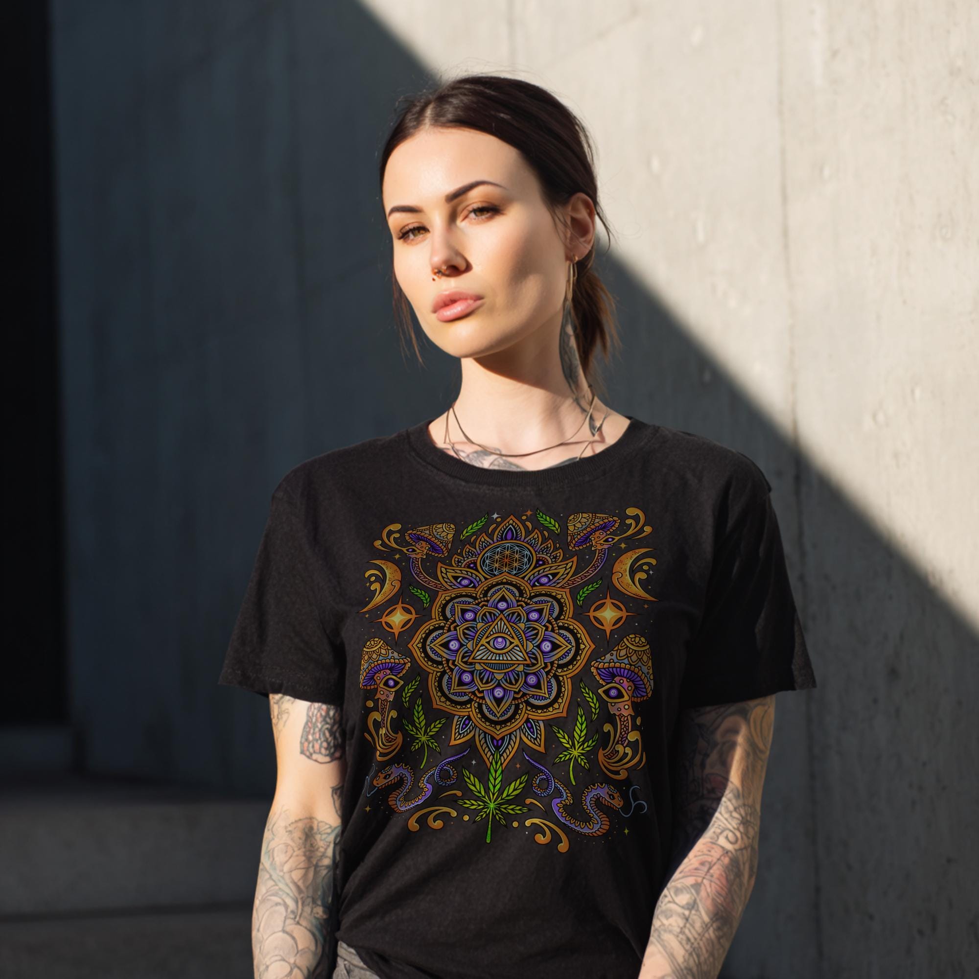 Organic Cotton Psychedelic T-Shirt – Black Festival Top with Mushrooms, Mandala & Sacred Geometry