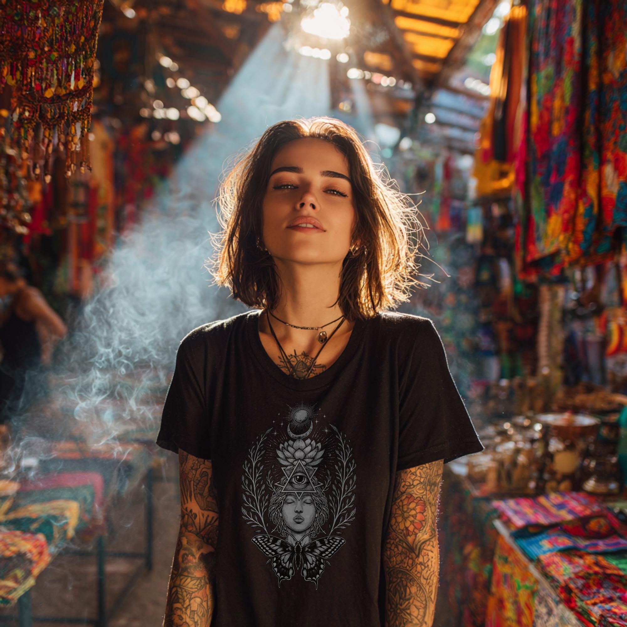 Sacred Geometry Goddess T-Shirt With a Mystical All Seeing Eye, Lotus Flower & a Butterfly