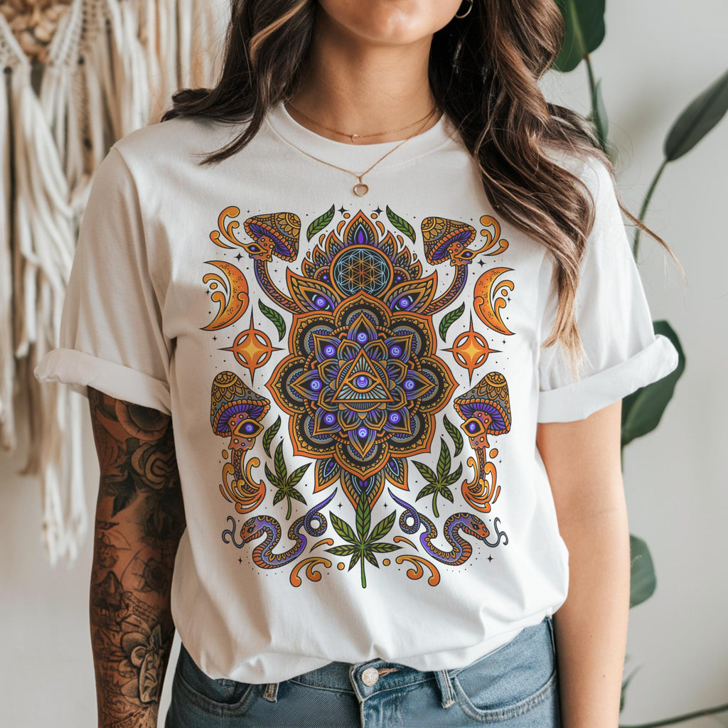White Psychedelic T-Shirt With Stunning Sacred Geometry Art, Unisex Festival Clothing or Streetwear