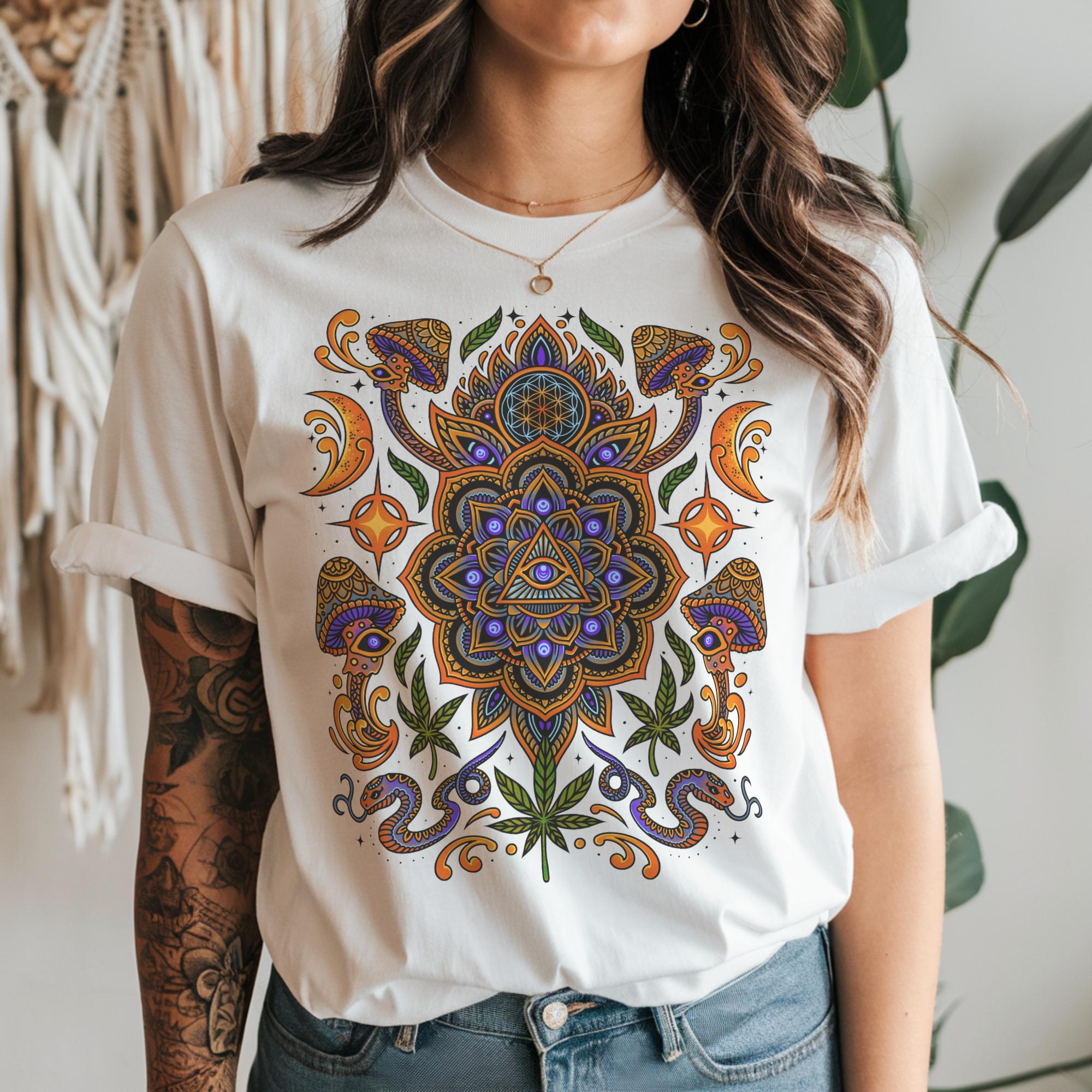 White Psychedelic T-Shirt With Stunning Sacred Geometry Art, Unisex Festival Clothing or Streetwear