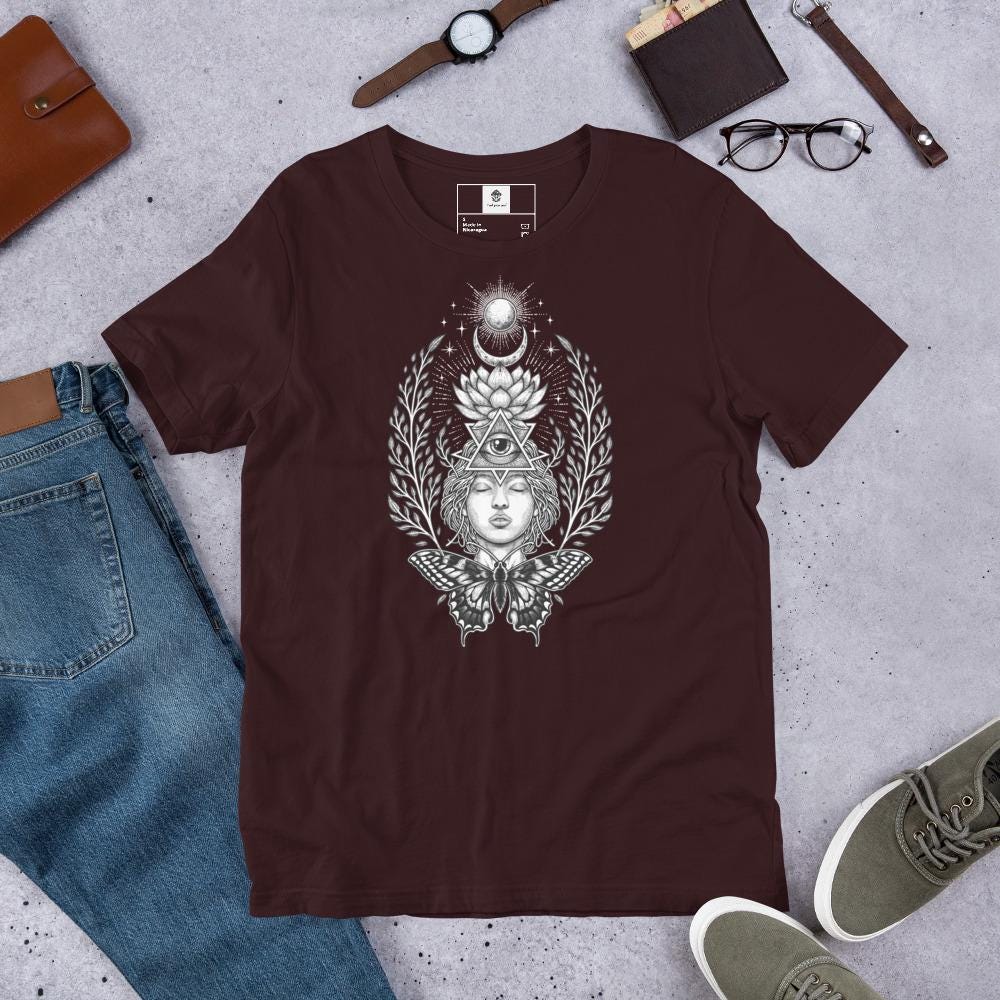 Sacred Geometry Goddess T-Shirt With a Mystical All Seeing Eye, Lotus Flower & a Butterfly