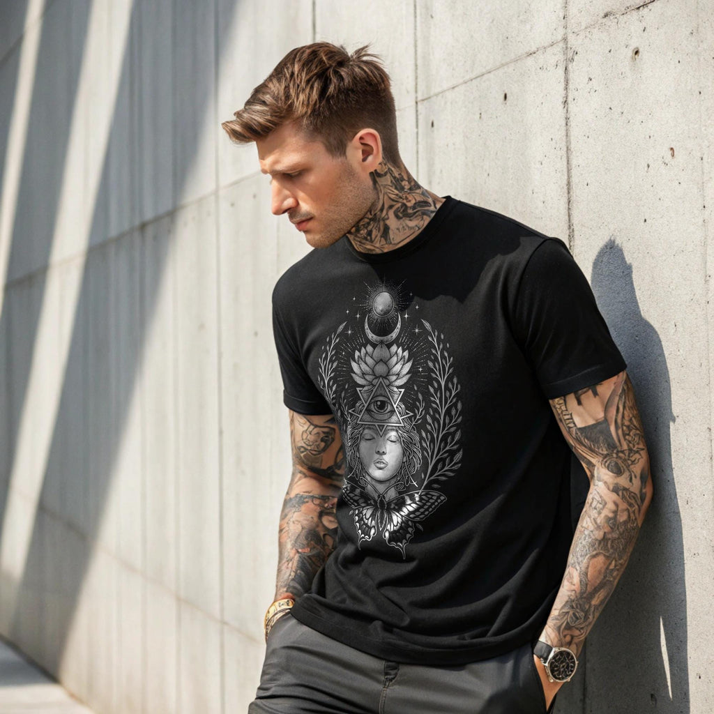 Sacred Geometry Goddess T-Shirt With a Mystical All Seeing Eye, Lotus Flower & a Butterfly