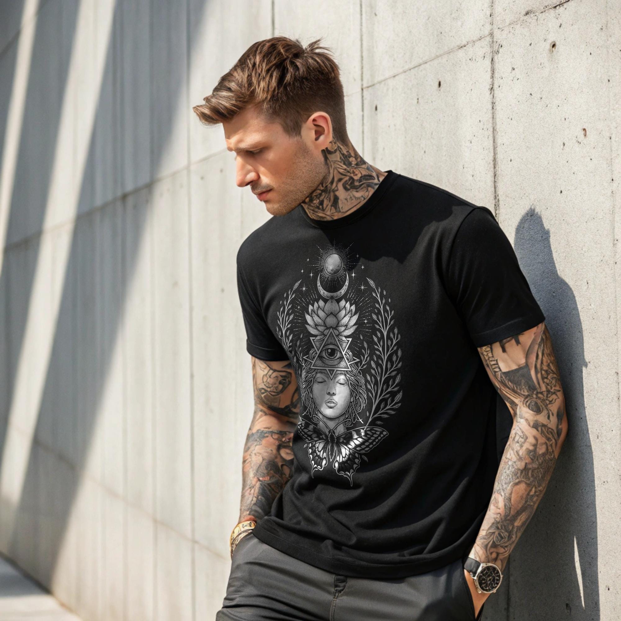 Sacred Geometry Goddess T-Shirt With a Mystical All Seeing Eye, Lotus Flower & a Butterfly
