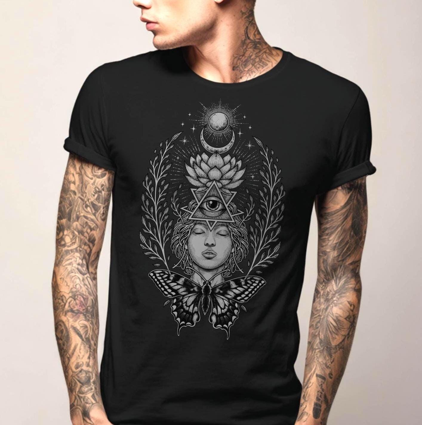 Sacred Geometry Goddess T-Shirt With a Mystical All Seeing Eye, Lotus Flower & a Butterfly