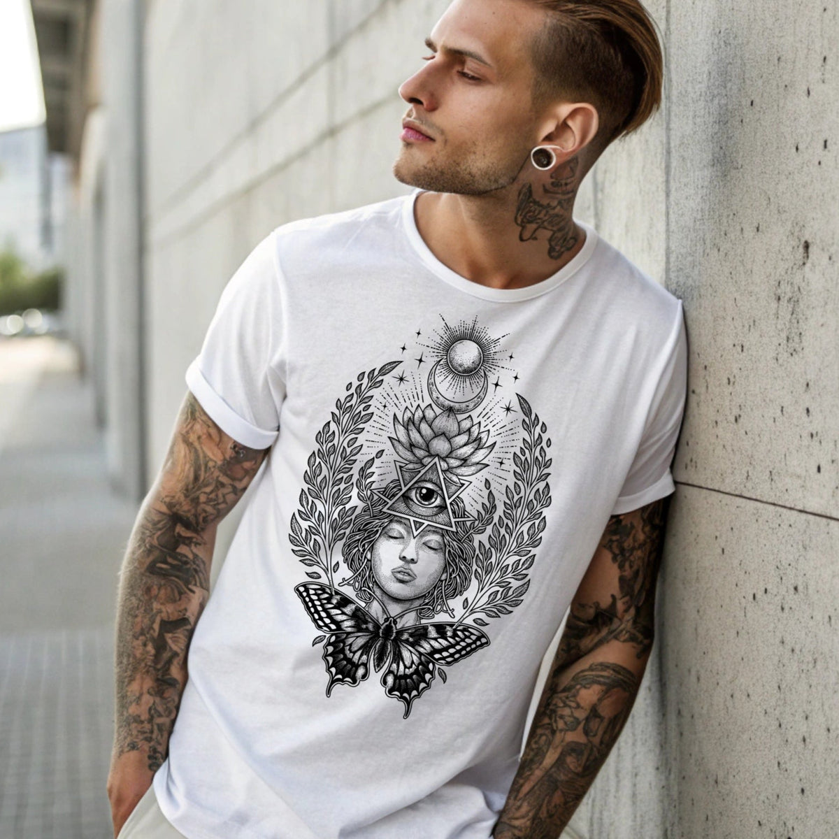 alternative male wearing celestial shirt