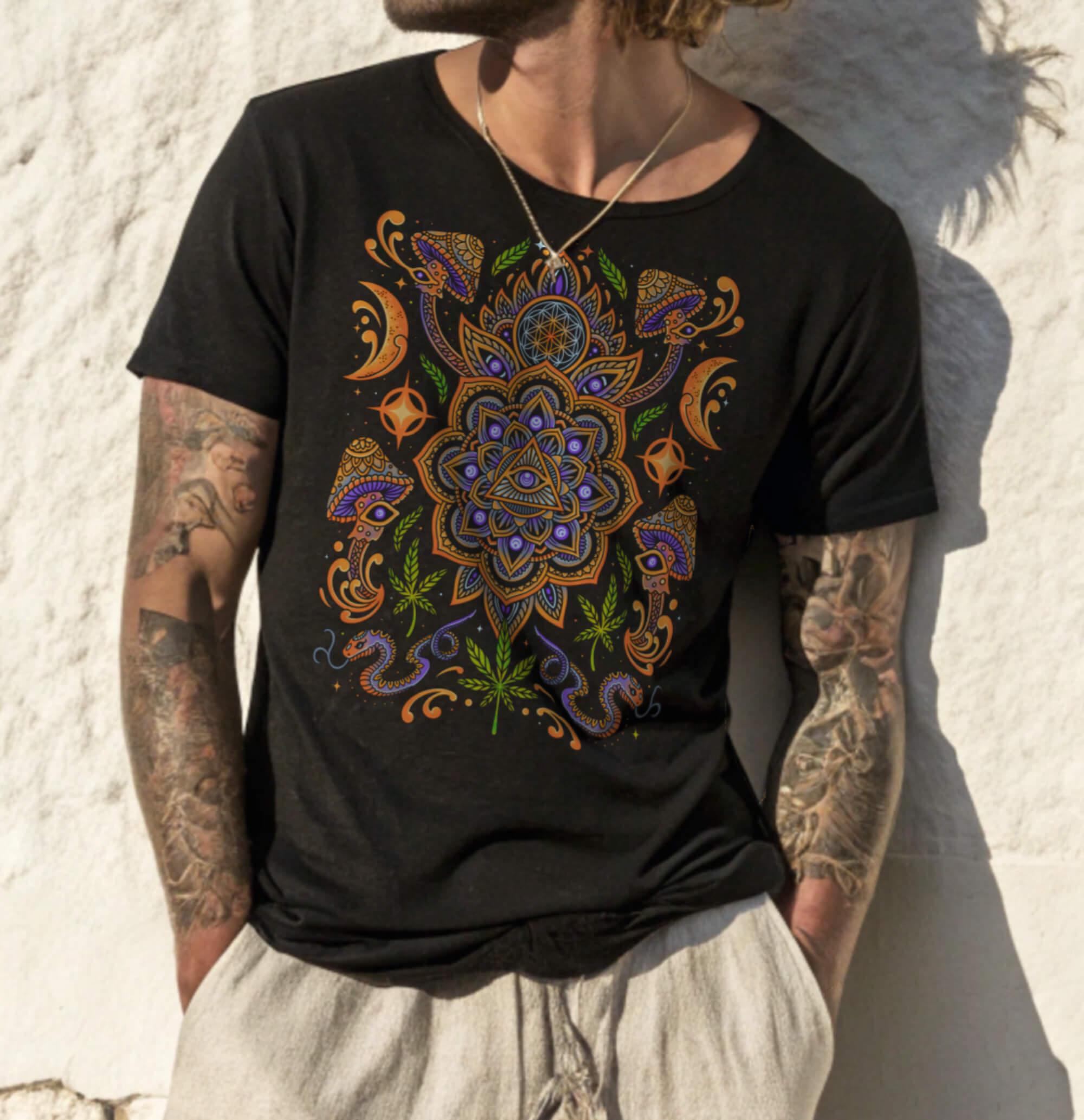Organic Cotton Psychedelic T-Shirt – Black Festival Top with Mushrooms, Mandala & Sacred Geometry