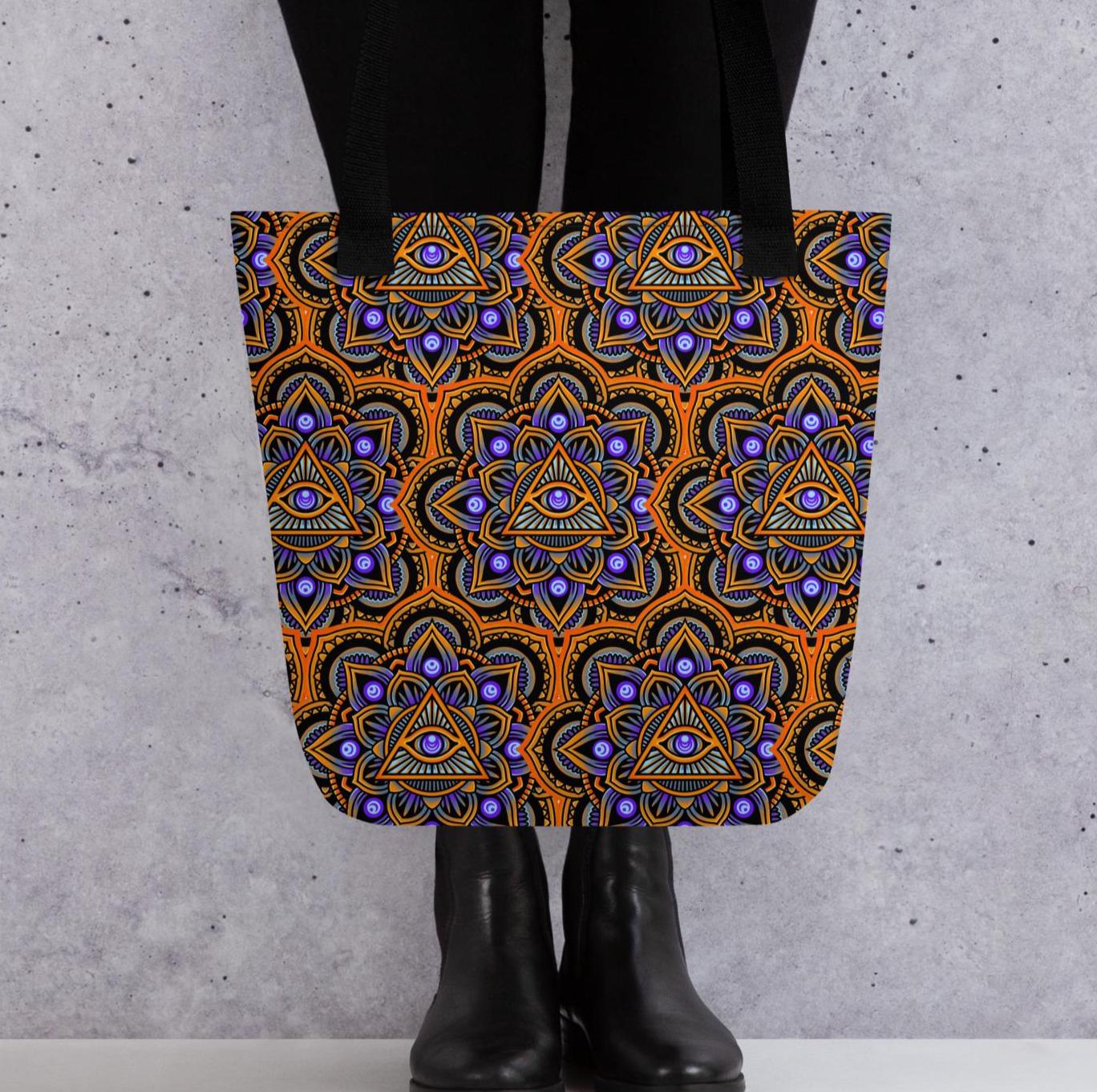 Psychedelic Mandala Tote Bag – Trippy Boho Festival Shopper, Sacred Geometry Print