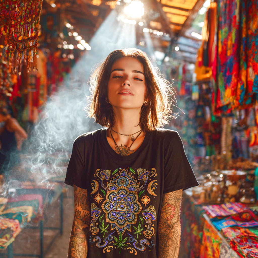 Psychedelic Mushroom Mandala T-Shirt With Trippy Visionary Art