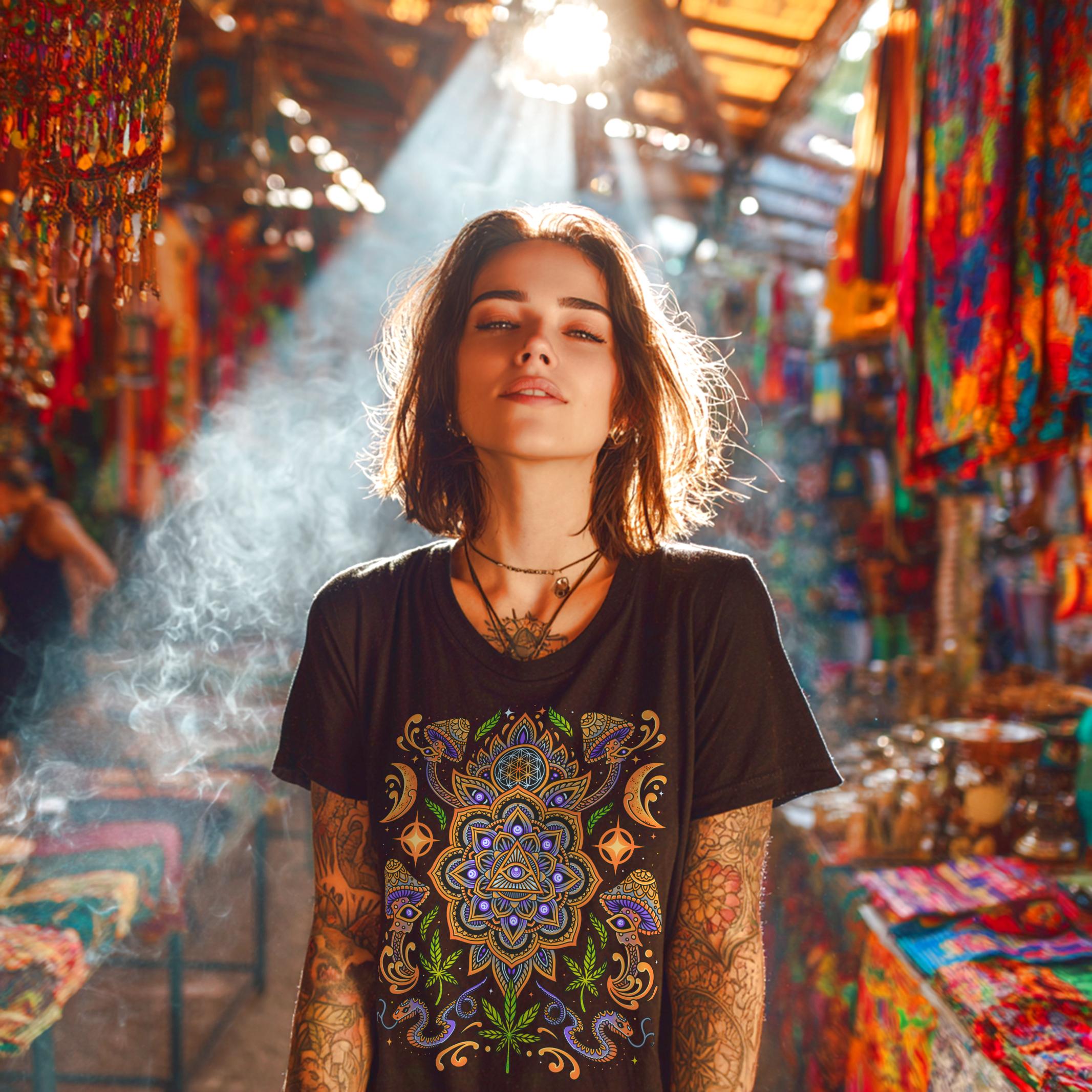 Psychedelic Mushroom Mandala T-Shirt With Trippy Visionary Art