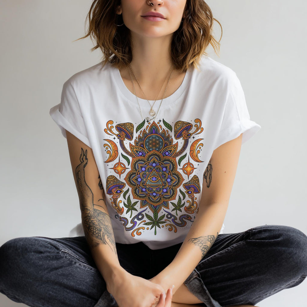White Psychedelic T-Shirt With Stunning Sacred Geometry Art, Unisex Festival Clothing or Streetwear