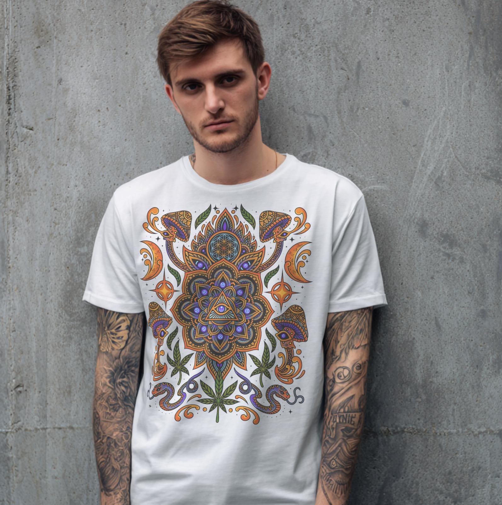 White Psychedelic T-Shirt With Stunning Sacred Geometry Art, Unisex Festival Clothing or Streetwear