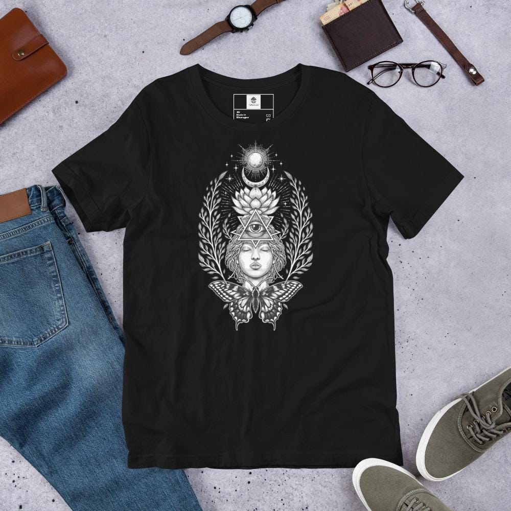 Sacred Geometry Goddess T-Shirt With a Mystical All Seeing Eye, Lotus Flower & a Butterfly