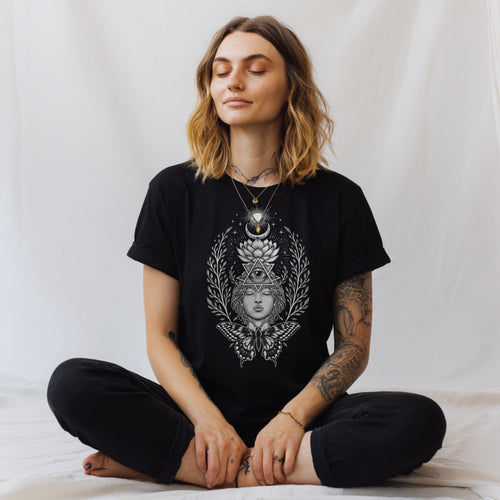 Boho Moon Phase Organic Cotton T-Shirt – Spiritual Third Eye & Lotus Design
