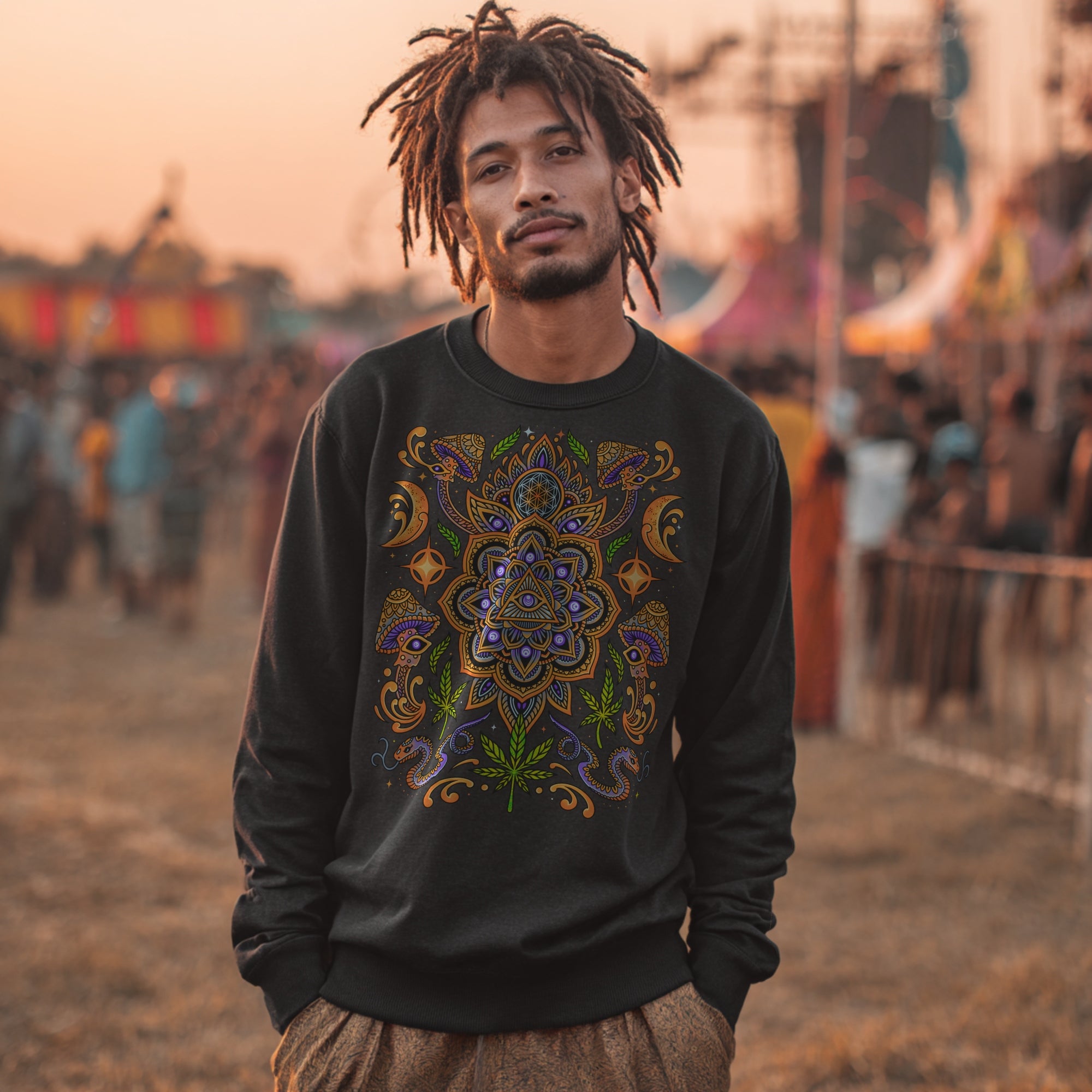 Psychedelic Sweatshirt With Mushrooms, Mandala & Sacred Geometry | Unisex Black Fleece