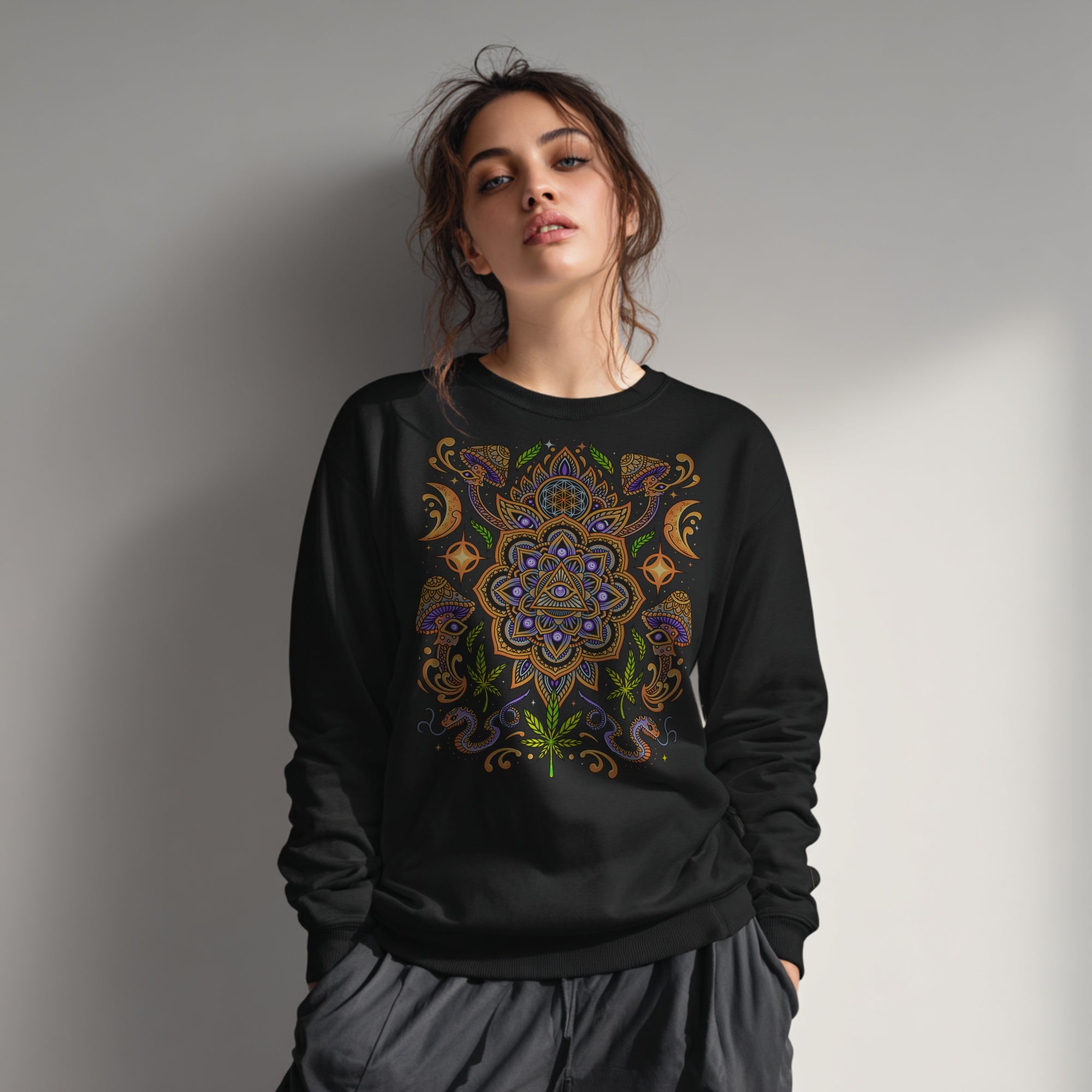 Psychedelic Sweatshirt With Mushrooms, Mandala & Sacred Geometry | Unisex Black Fleece