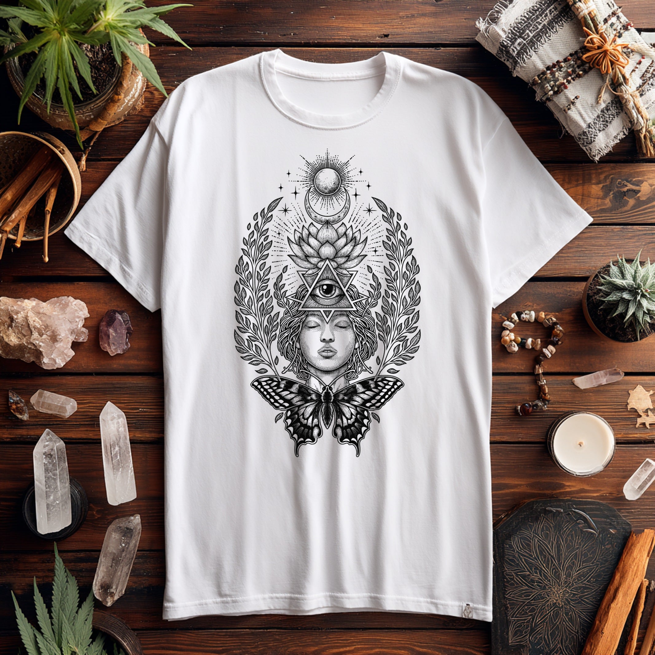 Spiritual T-Shirt with All-Seeing Eye, Lotus & Butterfly – Also Great As a Boho Gift For Him Or Her