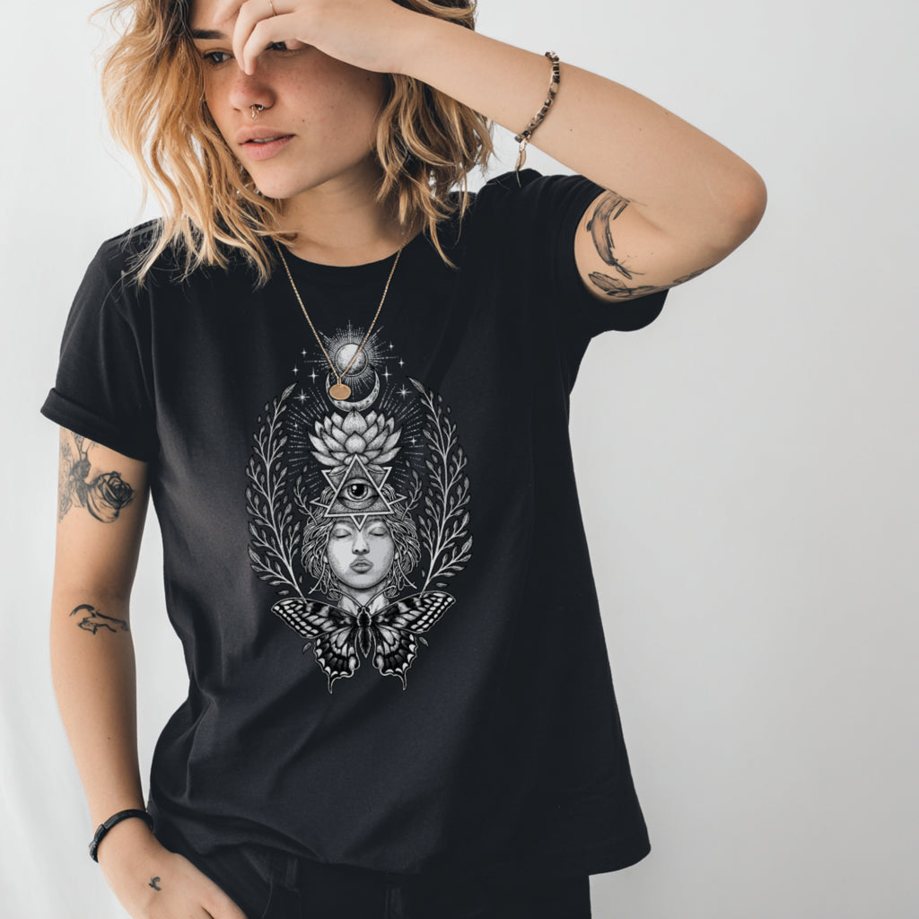 Boho Moon Phase Organic Cotton T-Shirt – Spiritual Third Eye & Lotus Design